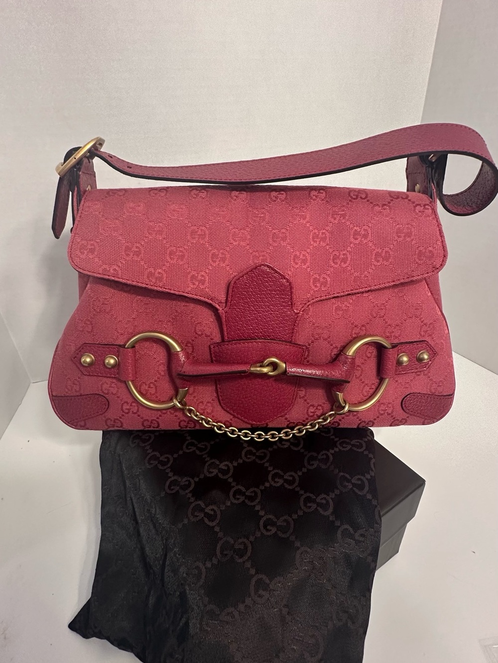 Gucci Pink Canvas Horsebit Shoulder Bag